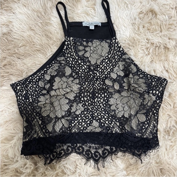 Charlotte Russe Tops - Vintage Charlotte Russe Lace Mesh Black Halter Top Cropped Tank Top Camisole: S